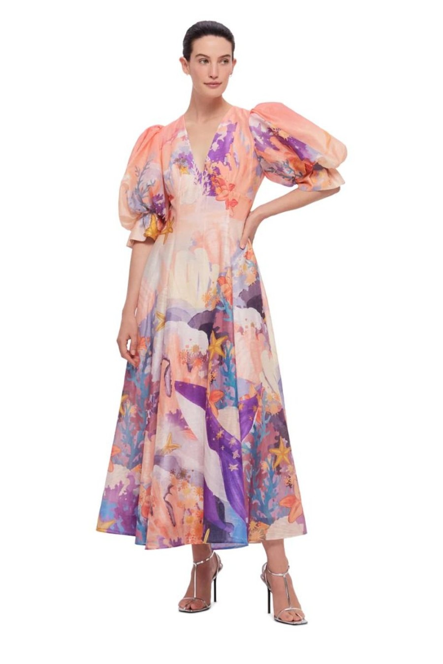 Fashion Leo Lin | Leo Lin | Lara V Neck Dress In Neptune Print In Coral