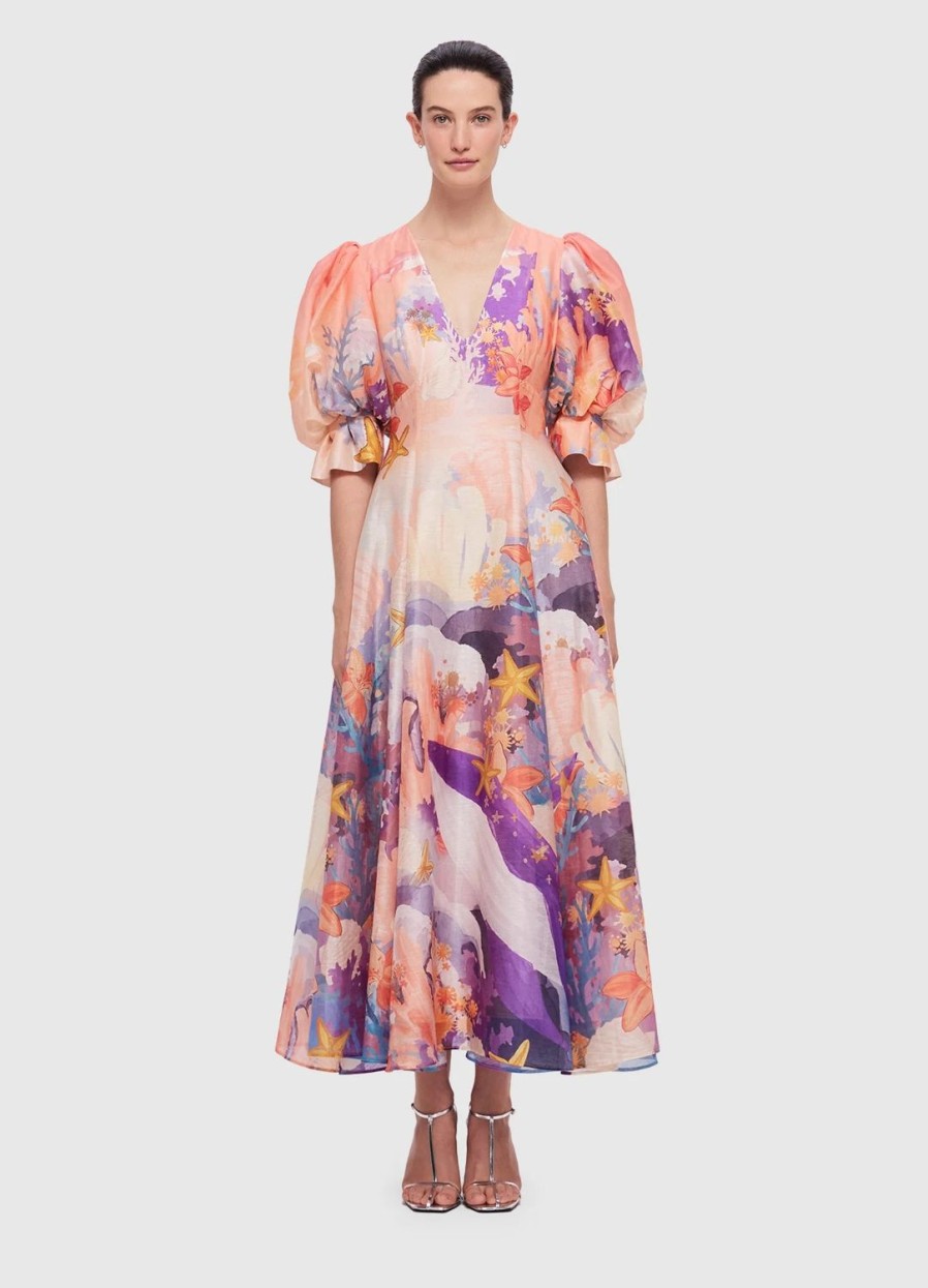 Fashion Leo Lin | Leo Lin | Lara V Neck Dress In Neptune Print In Coral